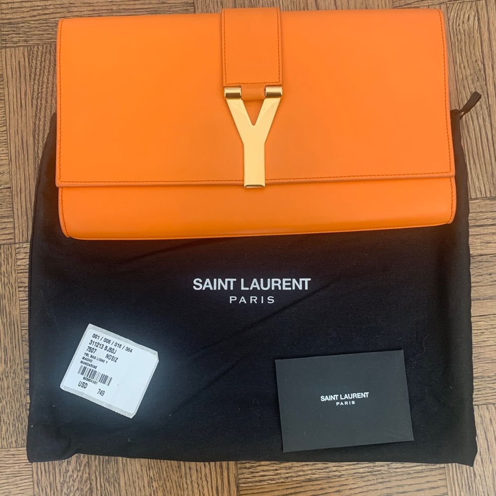 Ysl Y Logo Mandarine Orange Leather Clutch